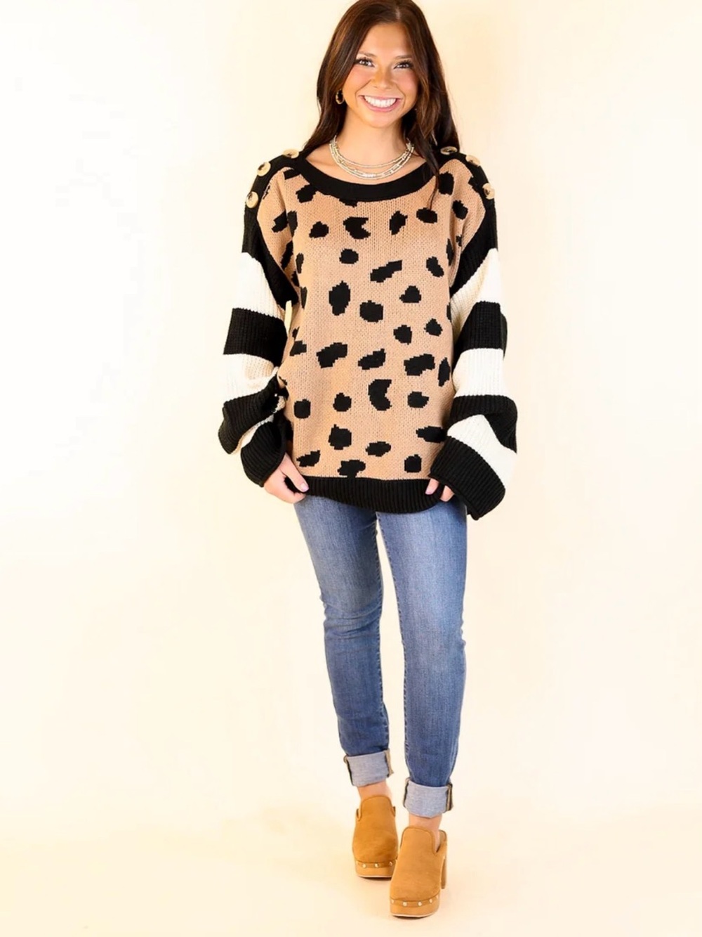 entro Tan Leopard & Black-White Stripe Balloon Sleeve Crewneck Sweater
